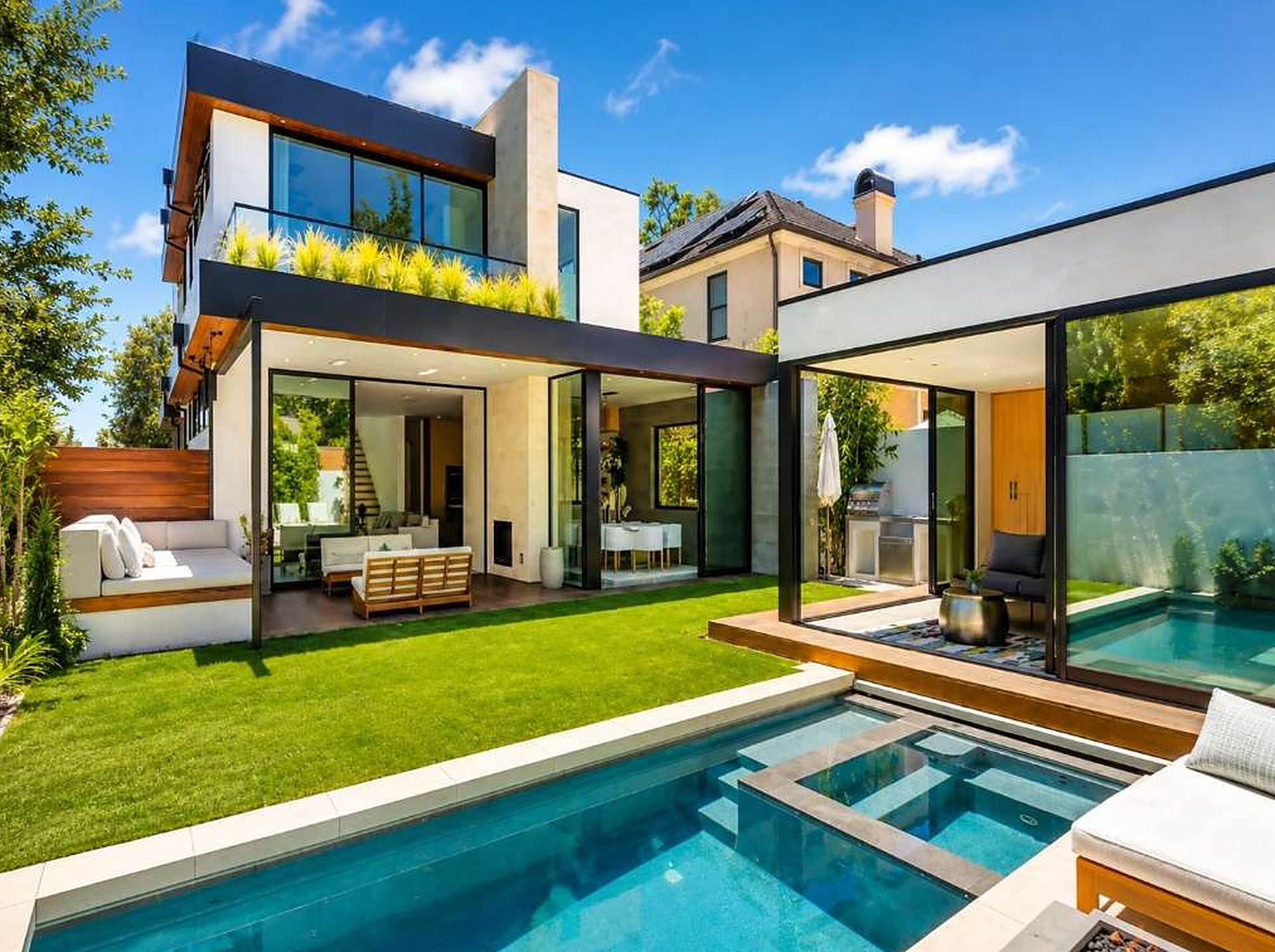 Modern short-term rental home with a pool, open glass walls and a green lawn