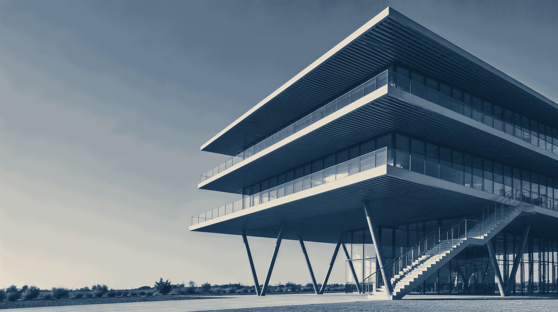 Cantilevered modern office building on V-shaped columns
